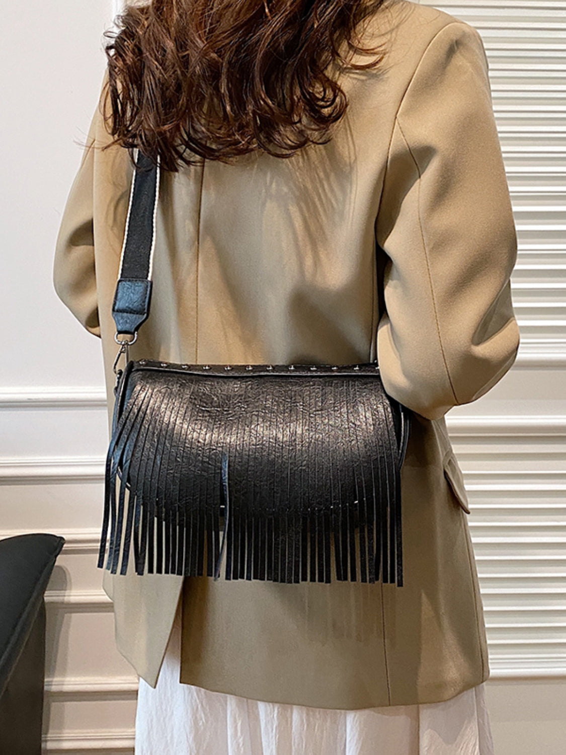 Buy black PU Leather Fringe Studded Crossbody Bag