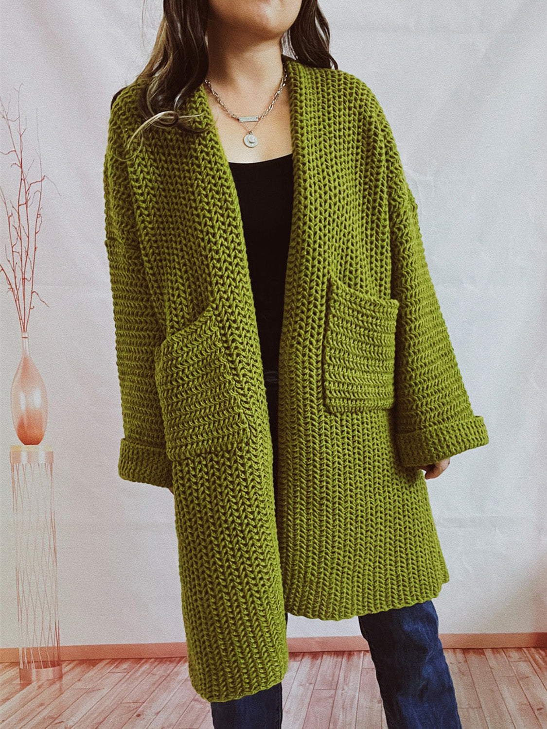 Buy moss Open Front Long Sleeve Cardigan with Pockets