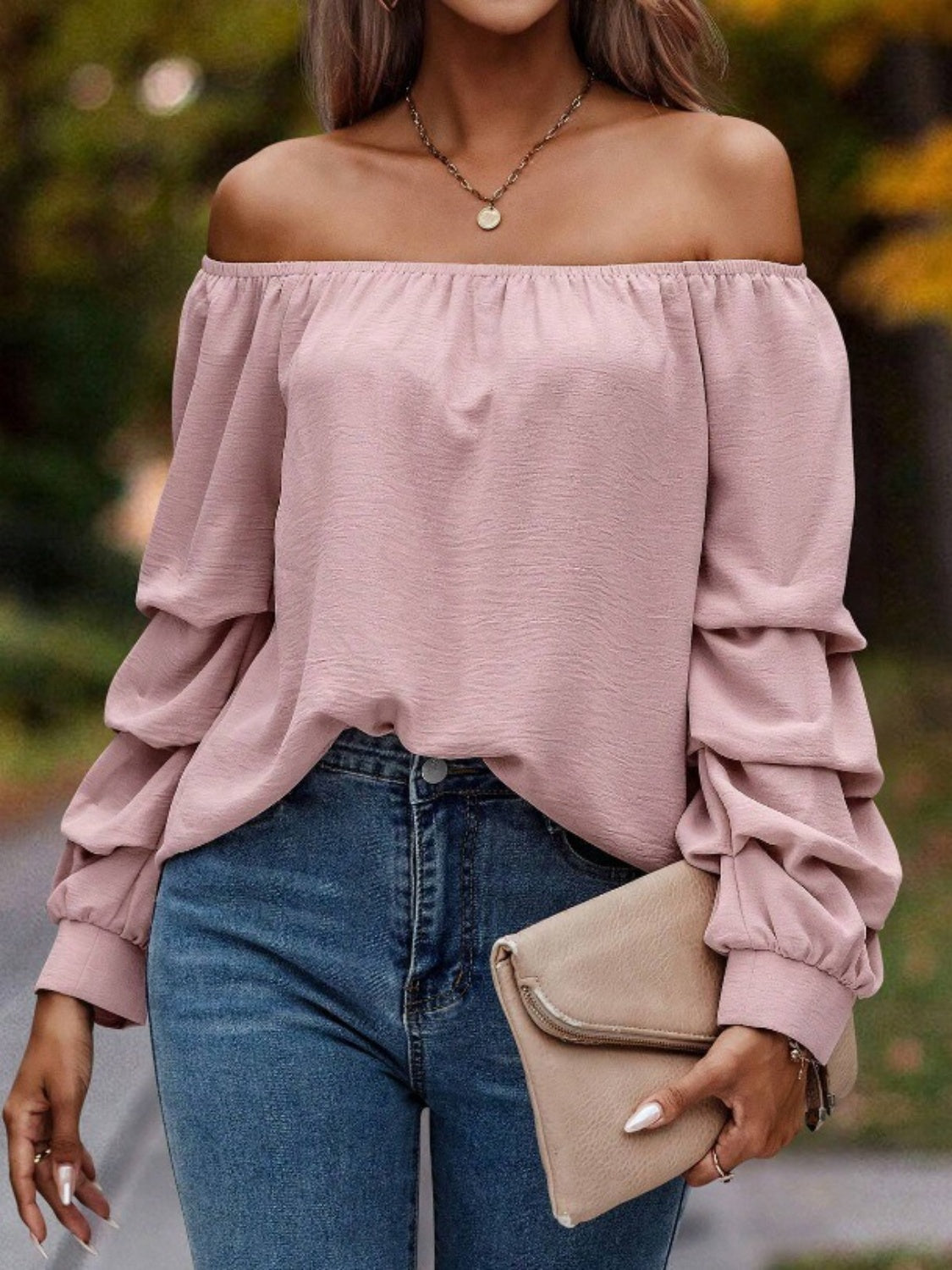 Buy dusty-pink Ruched Off-Shoulder Long Sleeve Blouse