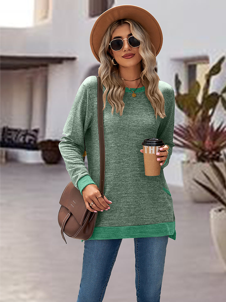 Buy gum-leaf Round Neck Long Sleeve Blouse