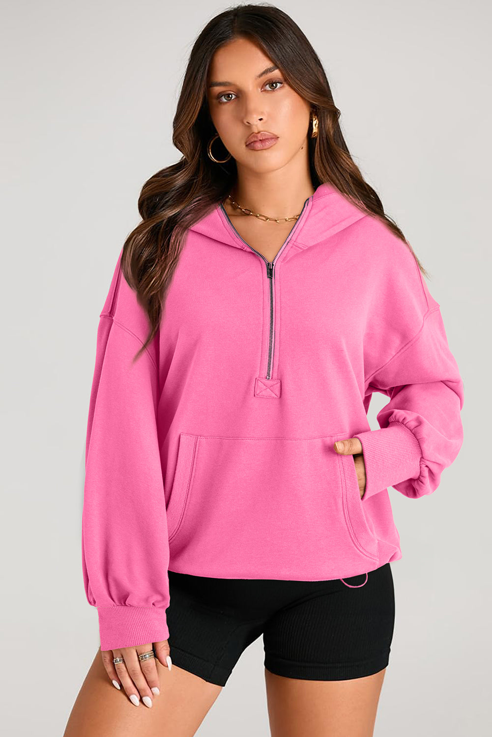 Buy fuchsia-pink Pocketed Half Zip Long Sleeve Hoodie