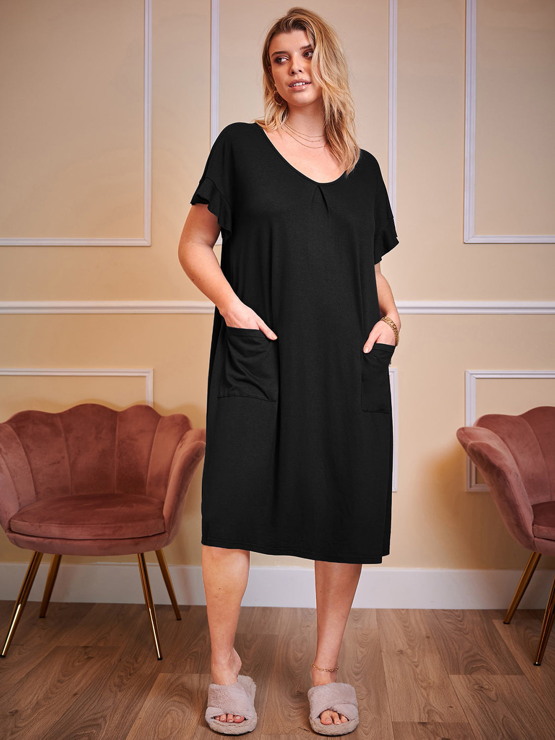 Buy black Plus Size Round Neck Short Sleeve Lounge Dress