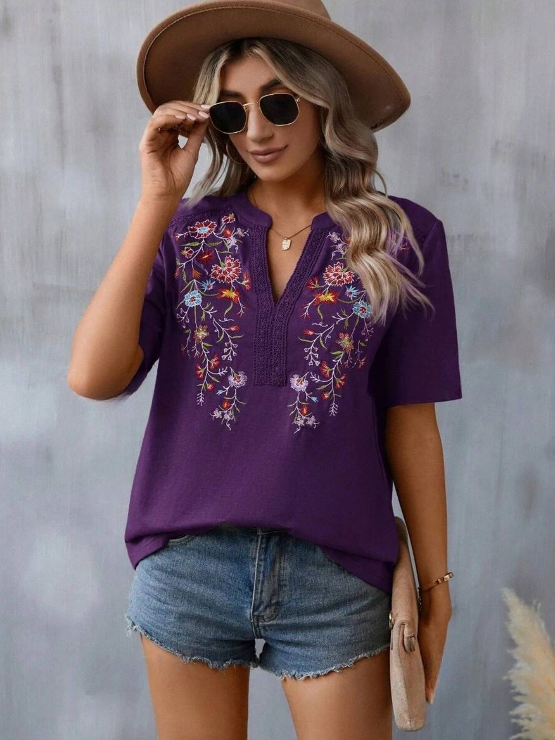 Buy violet Embroidered Notched Short Sleeve T-Shirt