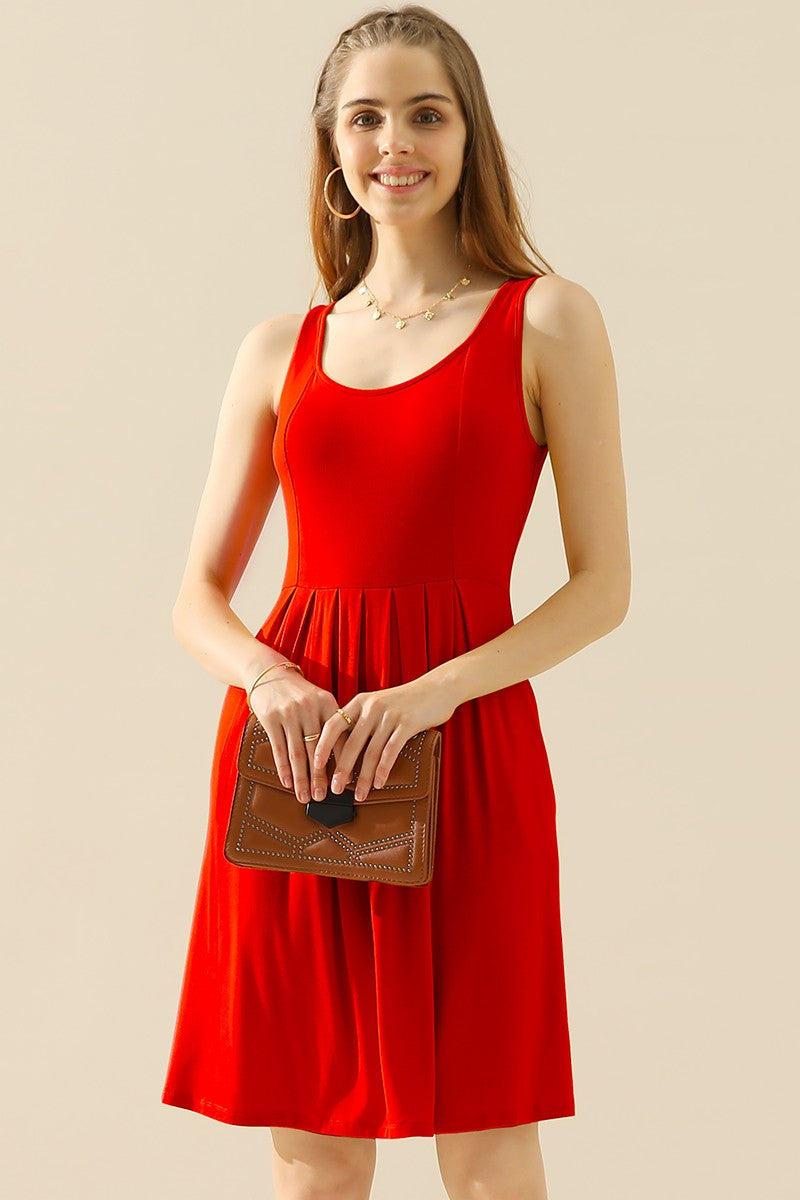 Buy red Doublju Full Size Round Neck Ruched Sleeveless Dress with Pockets