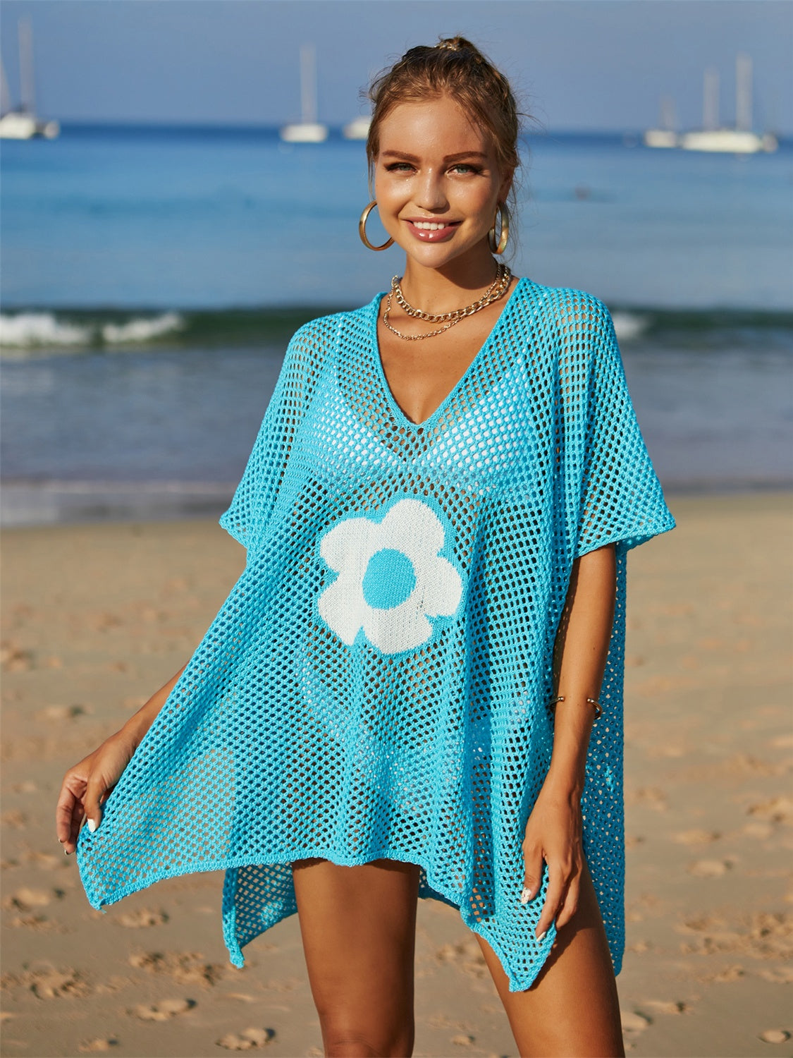 Buy sky-blue Angel Wings Openwork Flower V-Neck Short Sleeve Cover Up