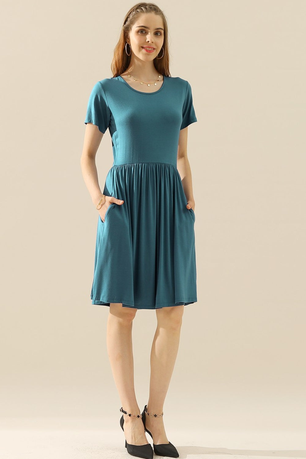 Buy teal Ninexis Full Size Round Neck Ruched Dress with Pockets