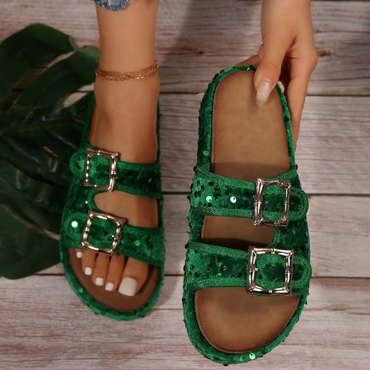 Buy dark-green Sequin Trim Open Toe Sandals