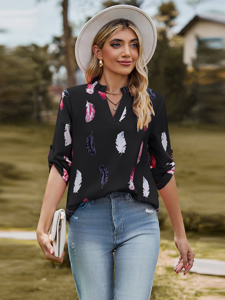 Buy black Printed Roll-Tab Sleeve Notched Neck Blouse