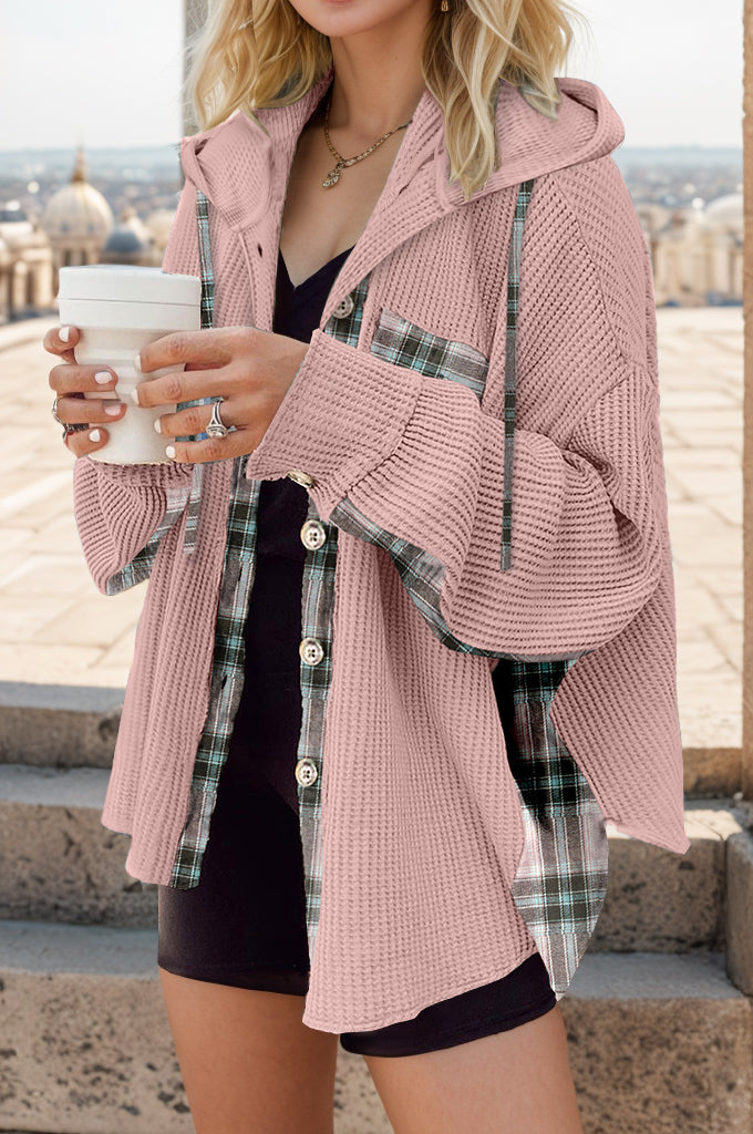 Buy dusty-pink Plaid Waffle-Knit Drawstring Hooded Jacket