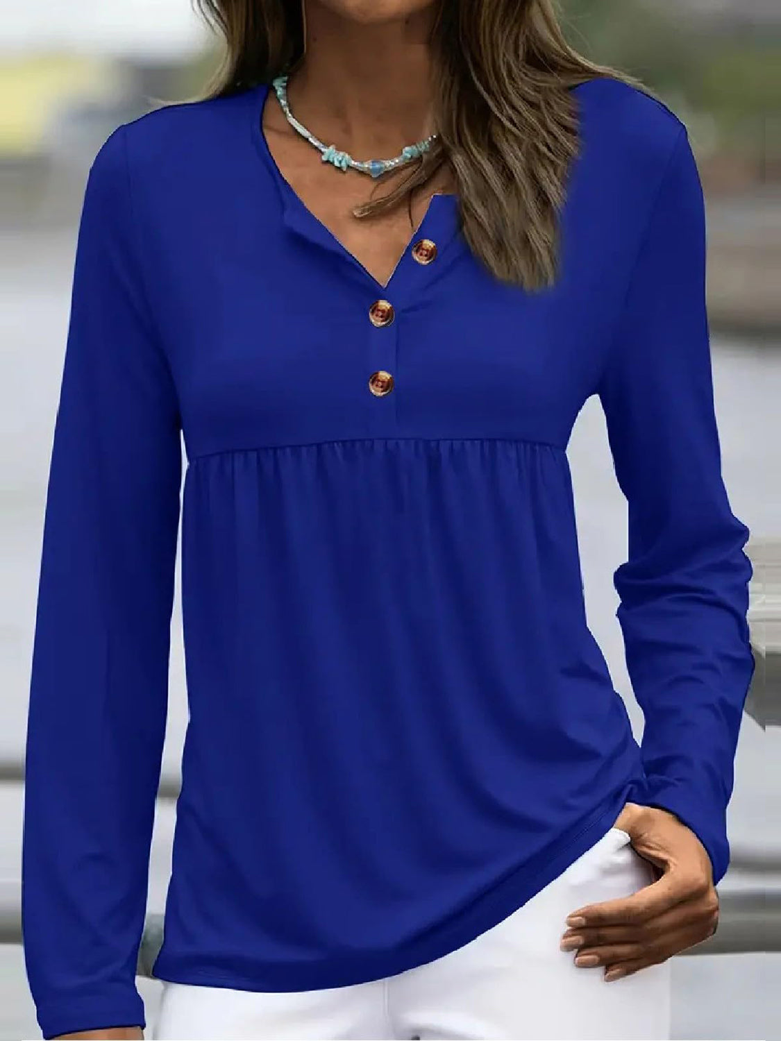 Buy royal-blue Half Button Long Sleeve T-Shirt