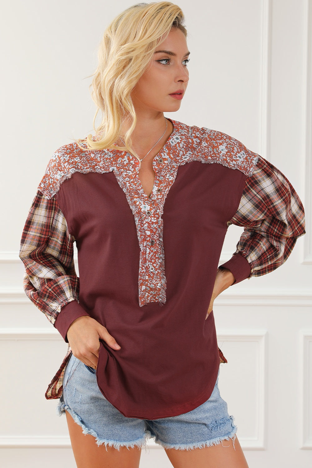 Buy burgundy Plaid Notched Neck Slit Blouse