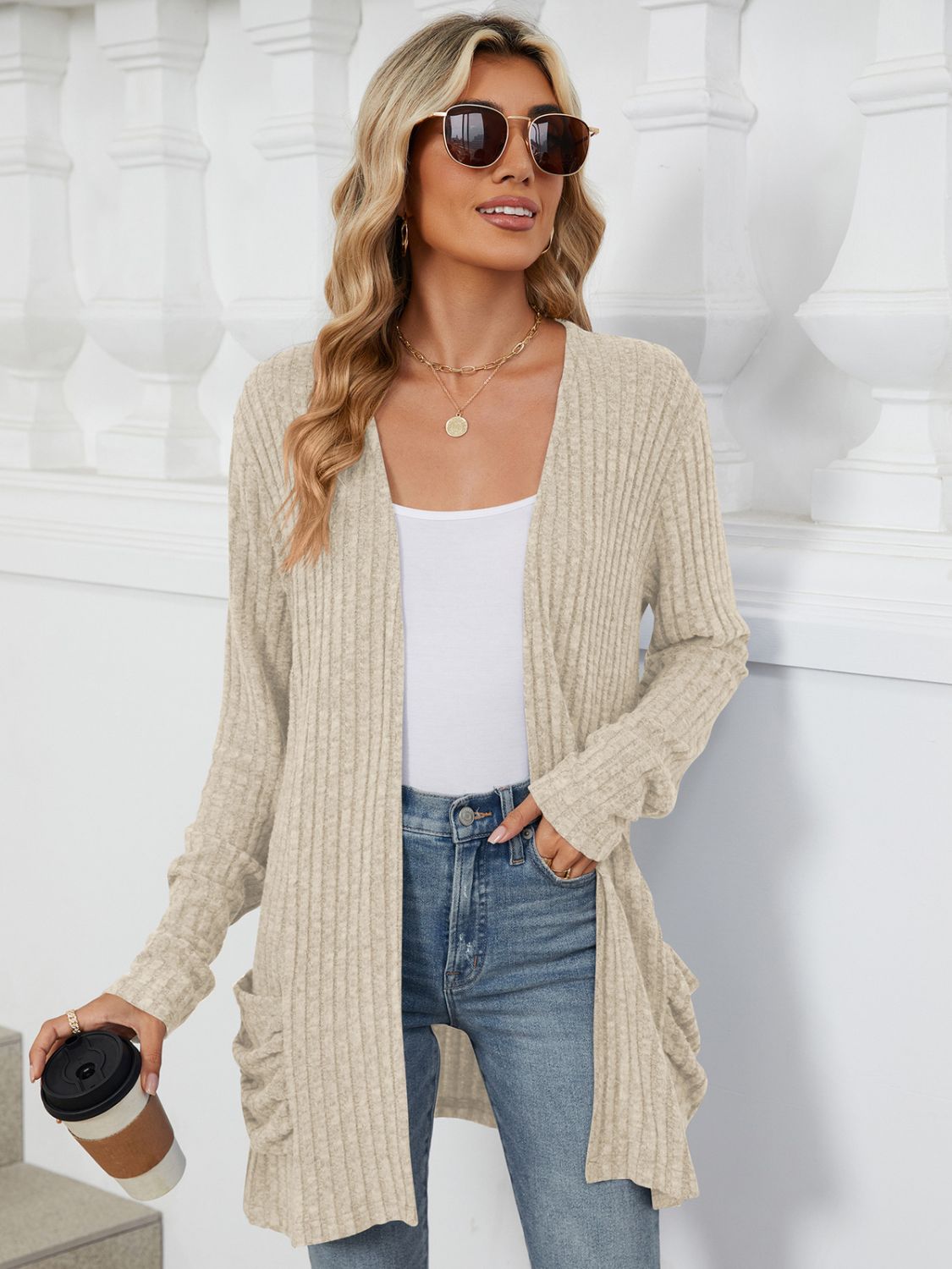 Buy beige Pocketed Open Front Long Sleeve Cardigan