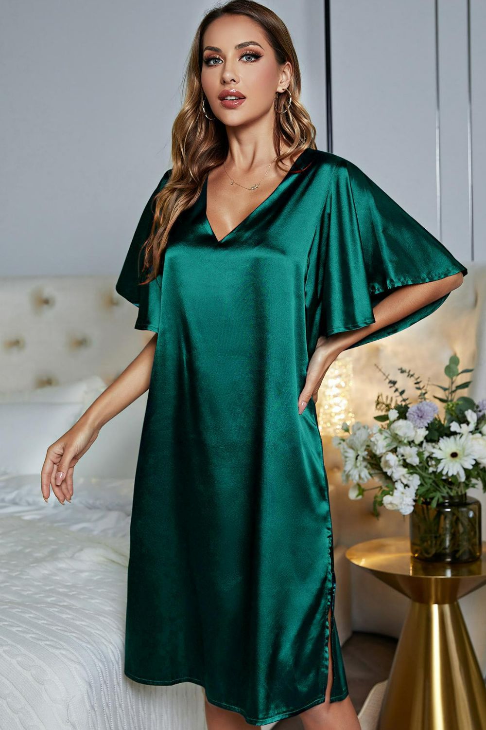 Buy teal Satin Flutter Sleeve Side Slit V-Neck Night Dress