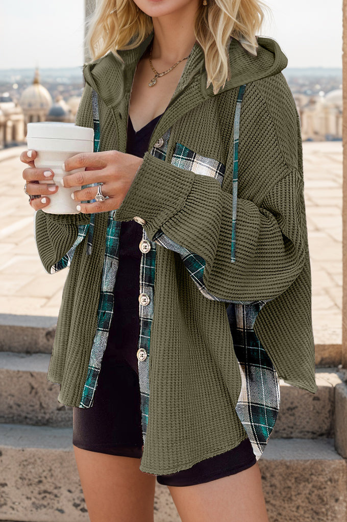 Buy dark-green Plaid Waffle-Knit Drawstring Hooded Jacket