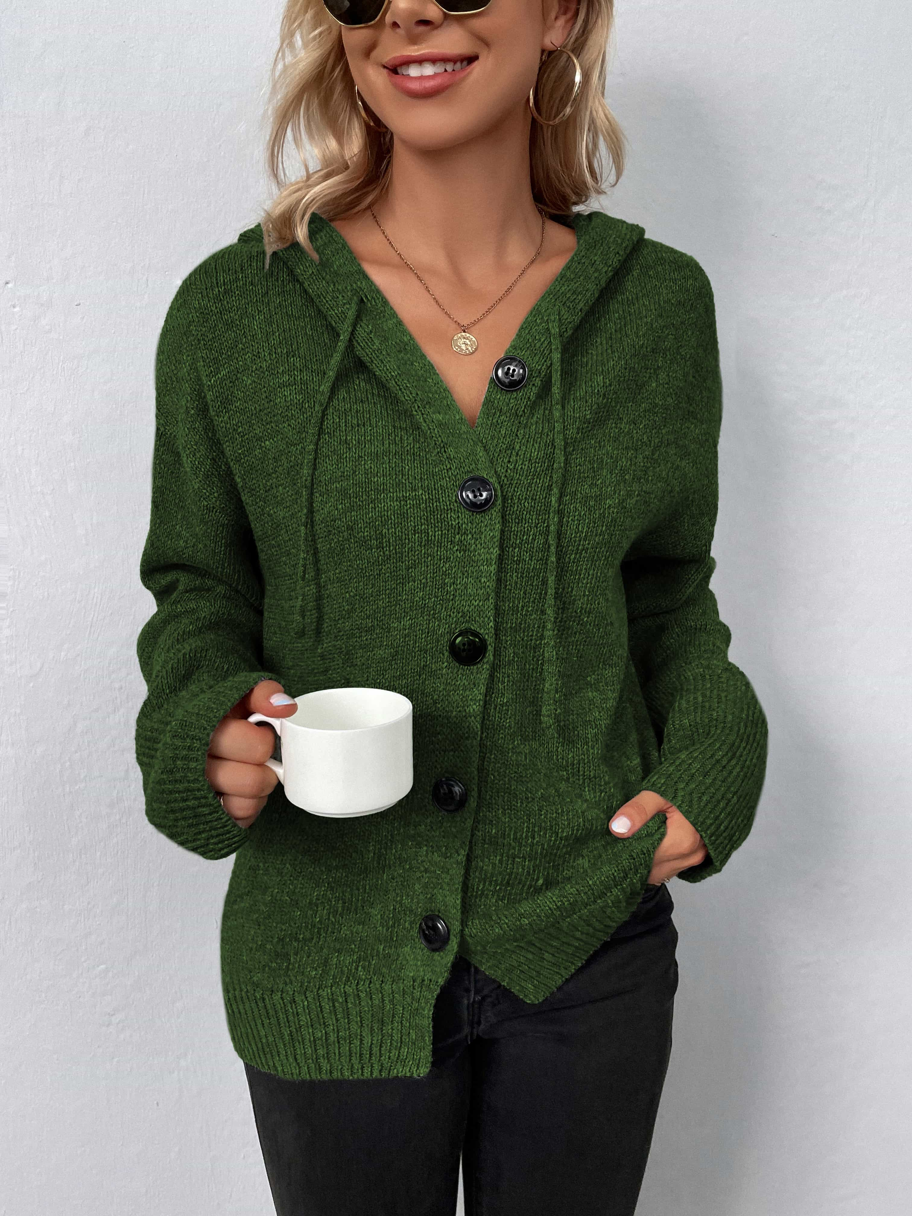 Buy matcha-green Button-Down Long Sleeve Hooded Sweater