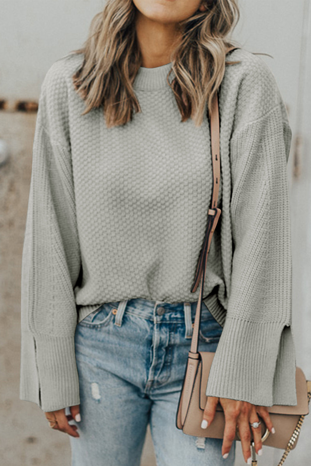 Buy gray Textured Round Neck Long Sleeve Sweater