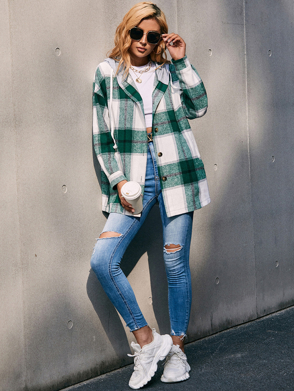 Buy dark-green Ivy Lane Plaid Dropped Shoulder Hooded Jacket