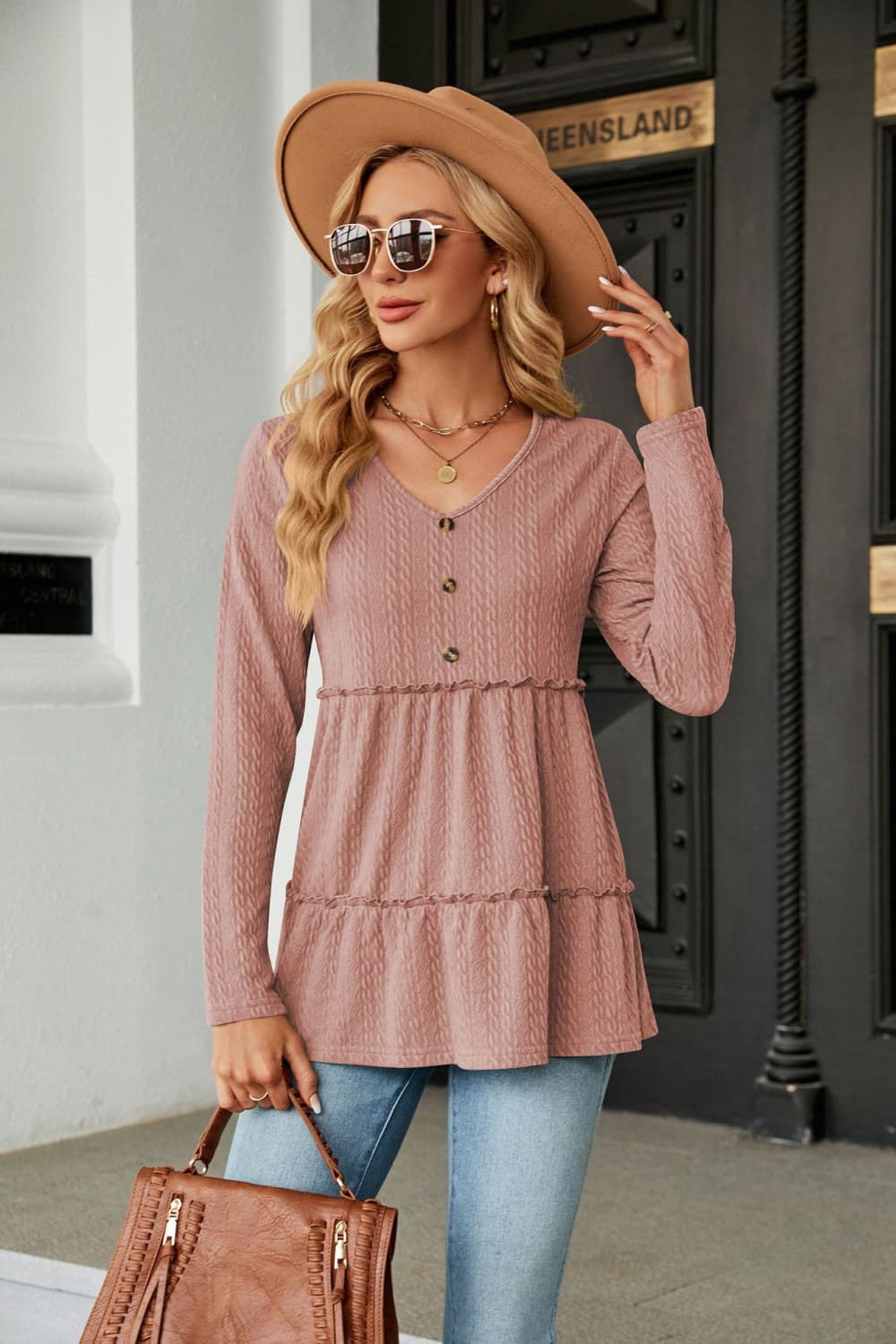 Buy dusty-pink Long Sleeve V-Neck Cable-Knit Blouse