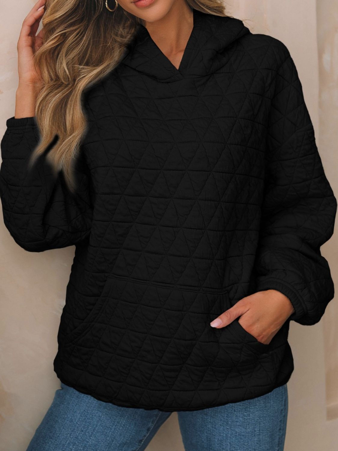 Buy black Textured Long Sleeve Hoodie with Pockets