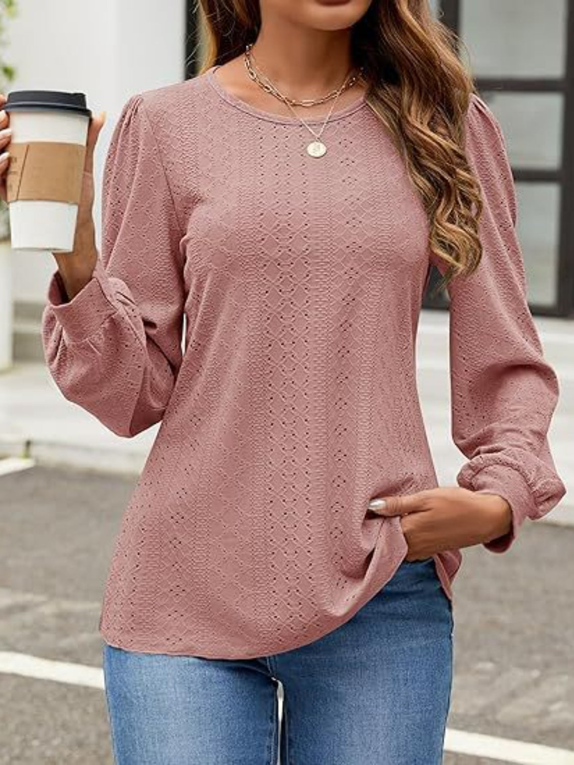 Buy dusty-pink Eyelet Round Neck Long Sleeve Top