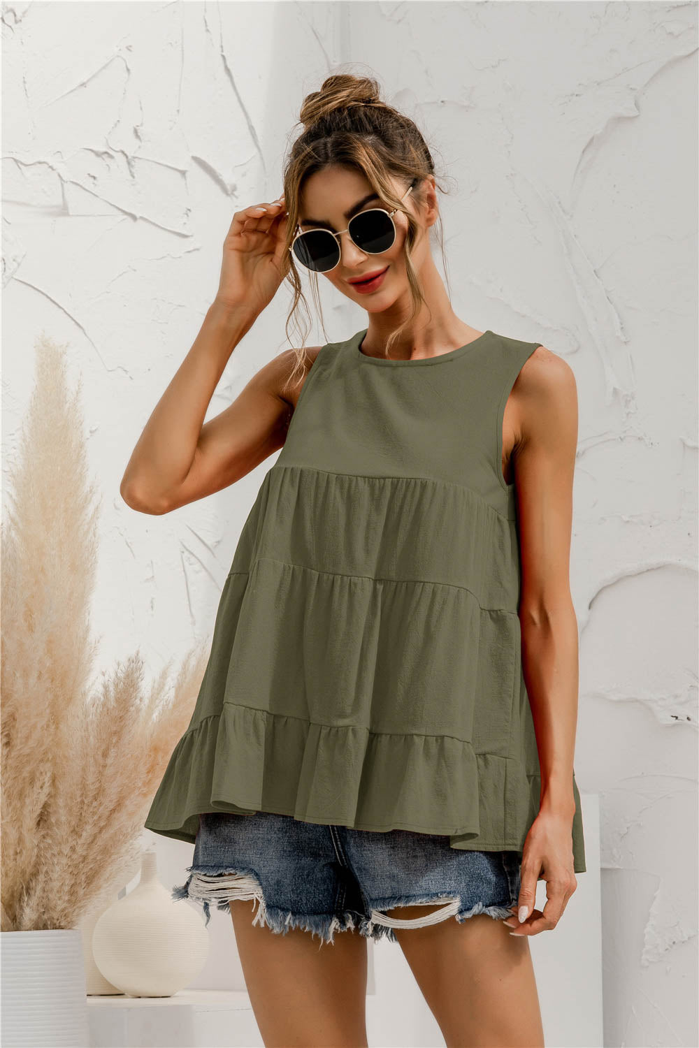 Buy army-green Round Neck Tiered Tank