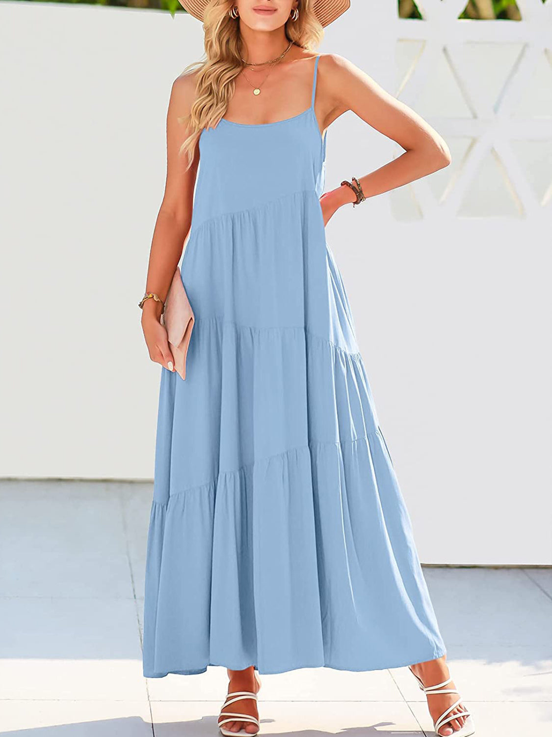 Buy light-blue Full Size Ruched Tiered Spaghetti Strap Dress