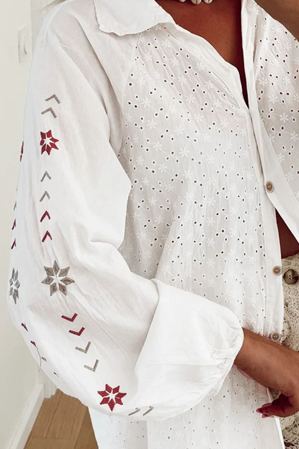 Eyelet Collared Neck Long Sleeve Shirt