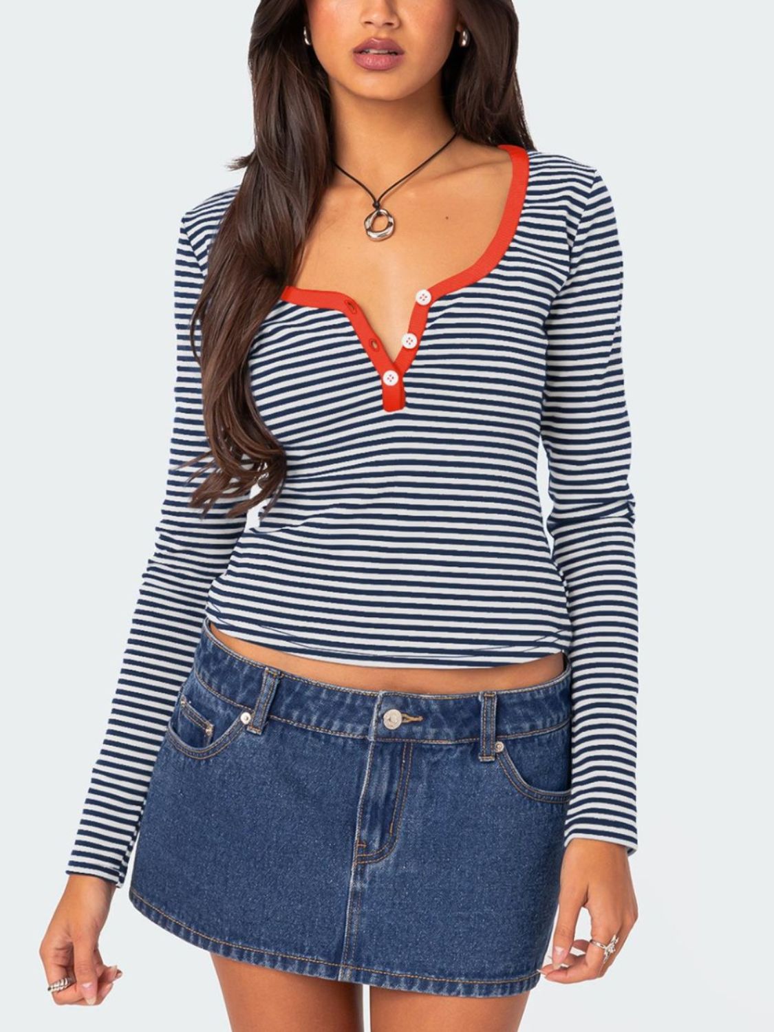 Buy orange-red Buttoned Striped Long Sleeve T-Shirt