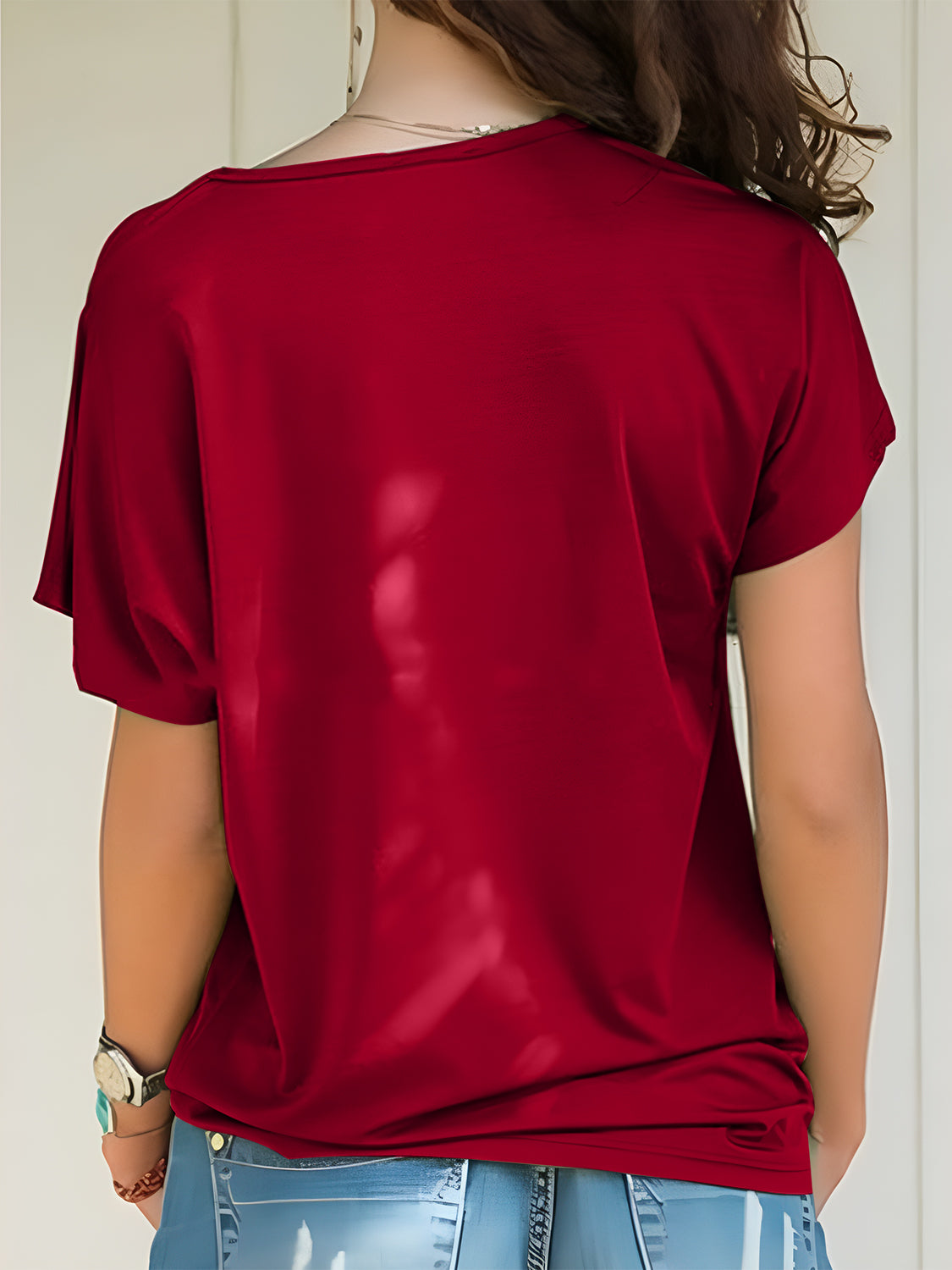 Buy burgundy Asymmetrical Neck Short Sleeve T-Shirt