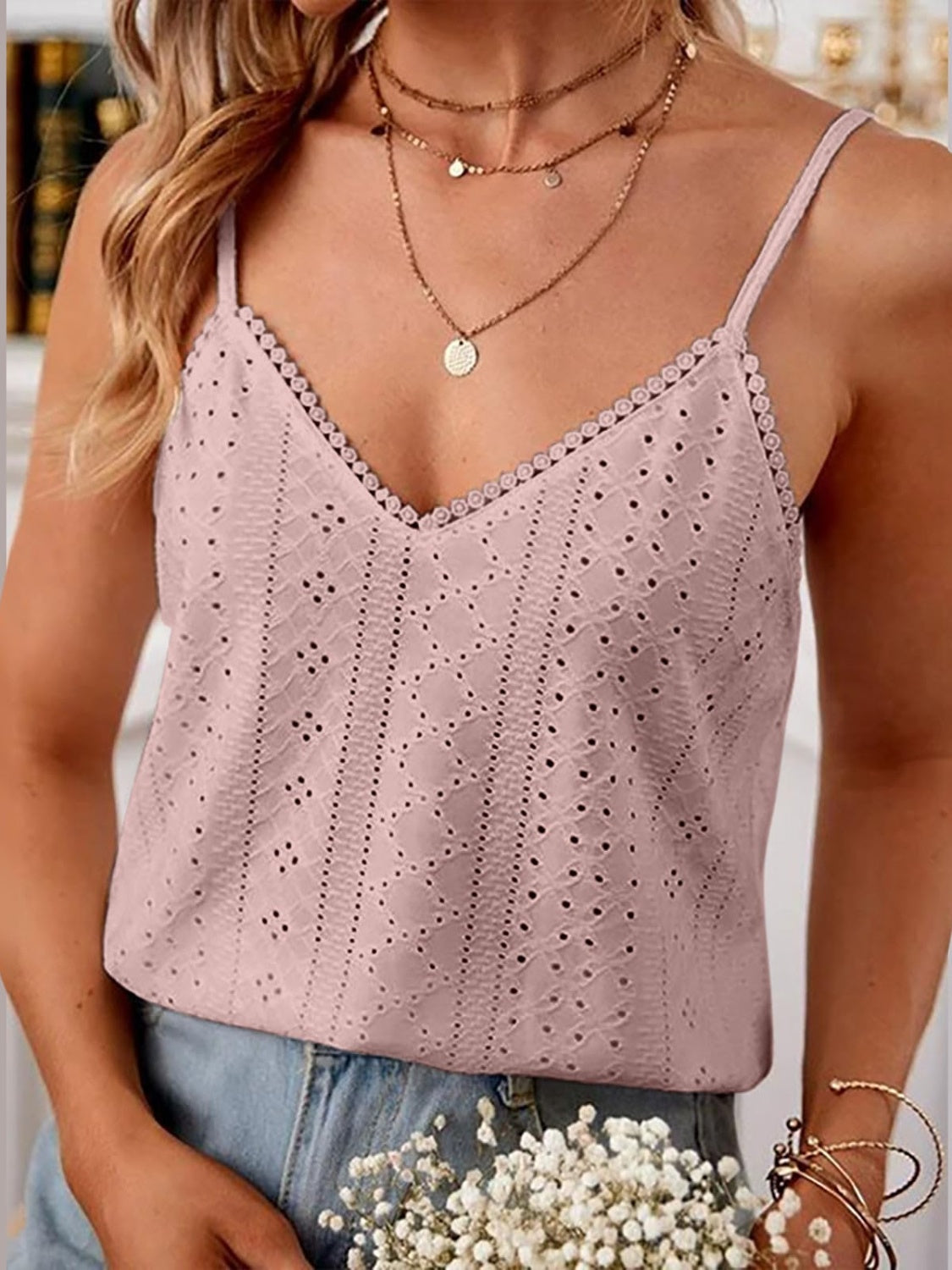 Buy dusty-pink Eyelet Lace Detail V-Neck Cami