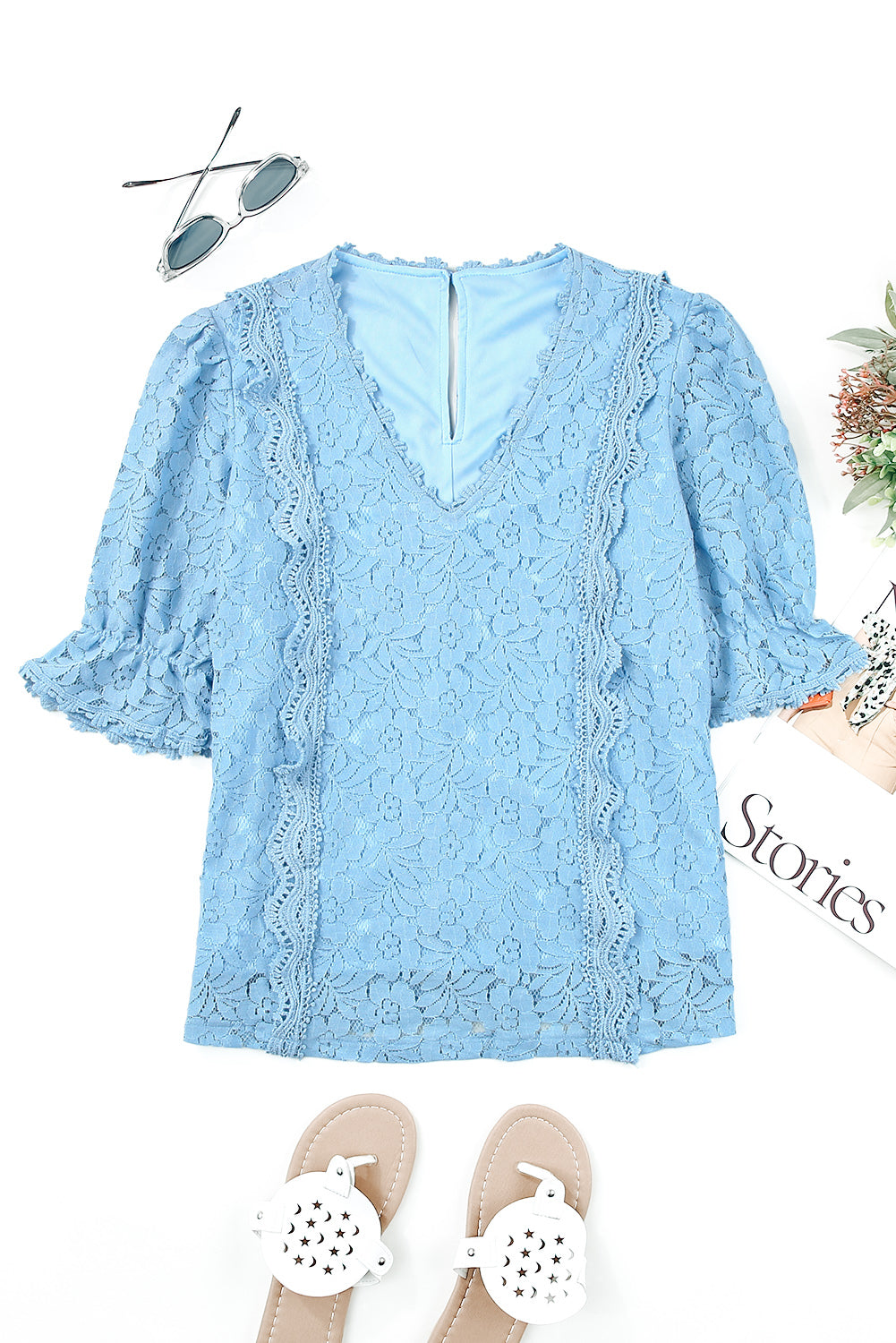 Buy pastel-blue Lace V-Neck Flounce Sleeve Top