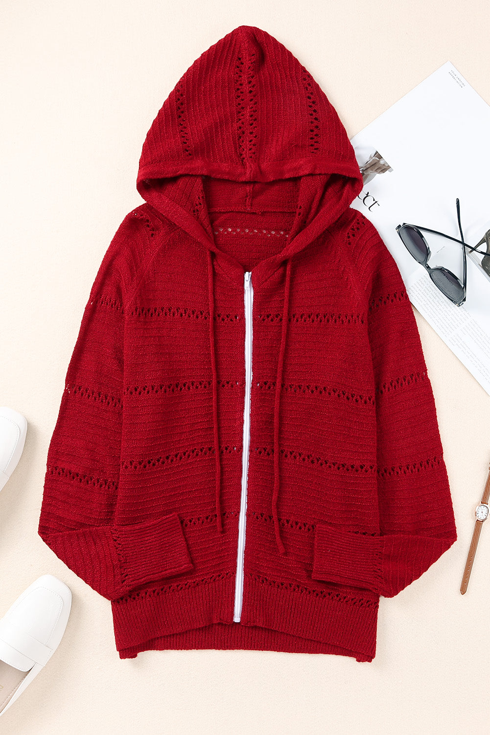 Buy deep-red Zip-Up Raglan Sleeve Openwork Hooded Cardigan