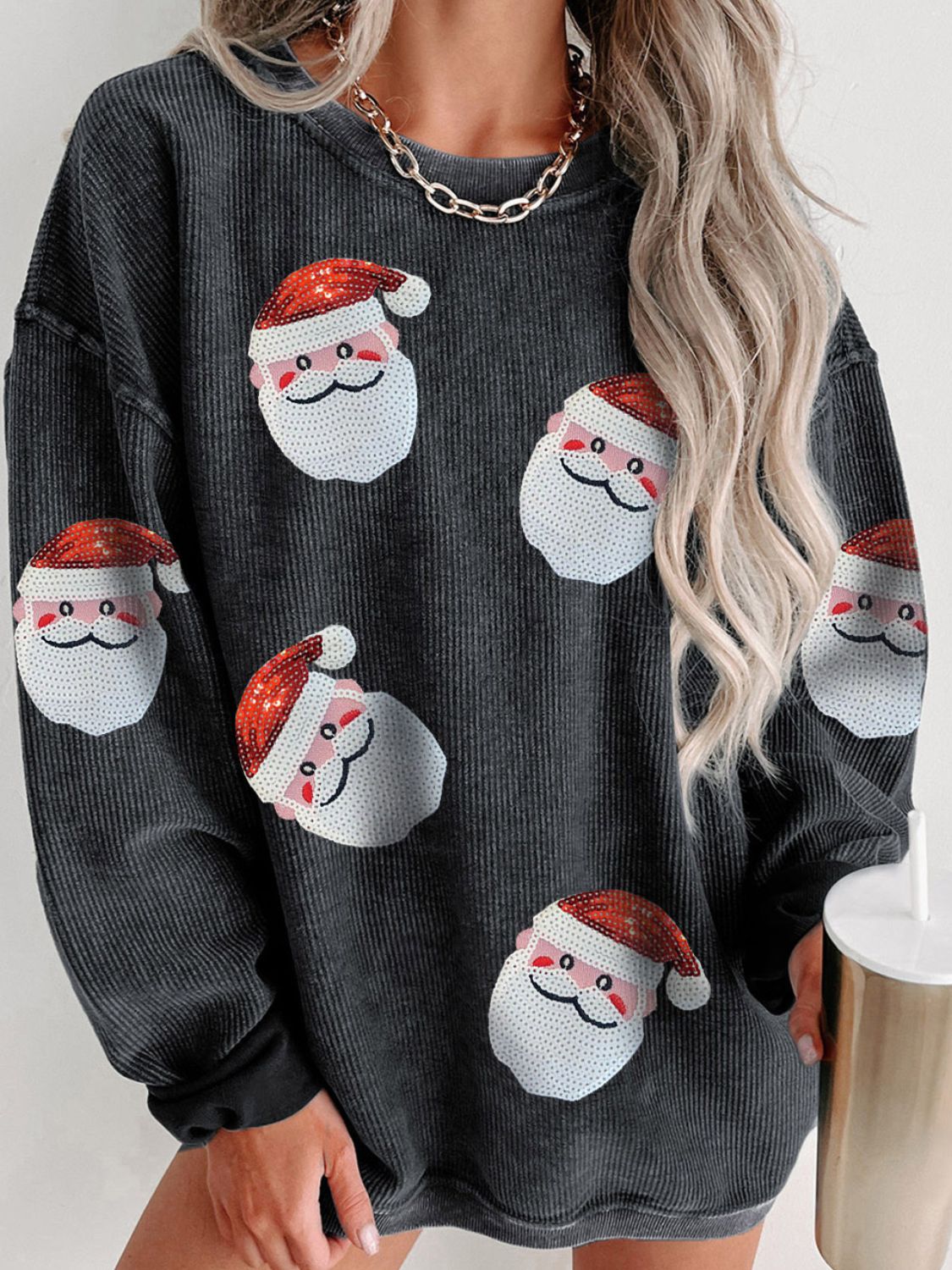 Buy black Sequin Santa Patch Ribbed Sweatshirt