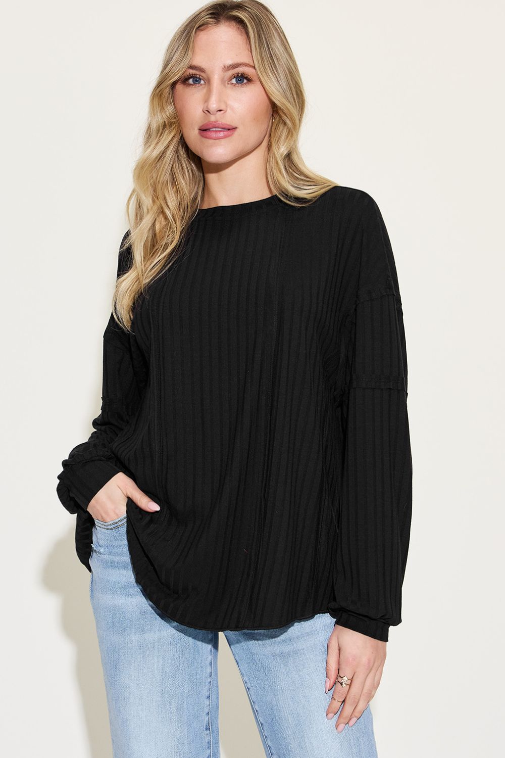 Buy black Basic Bae Full Size Ribbed Round Neck Long Sleeve T-Shirt