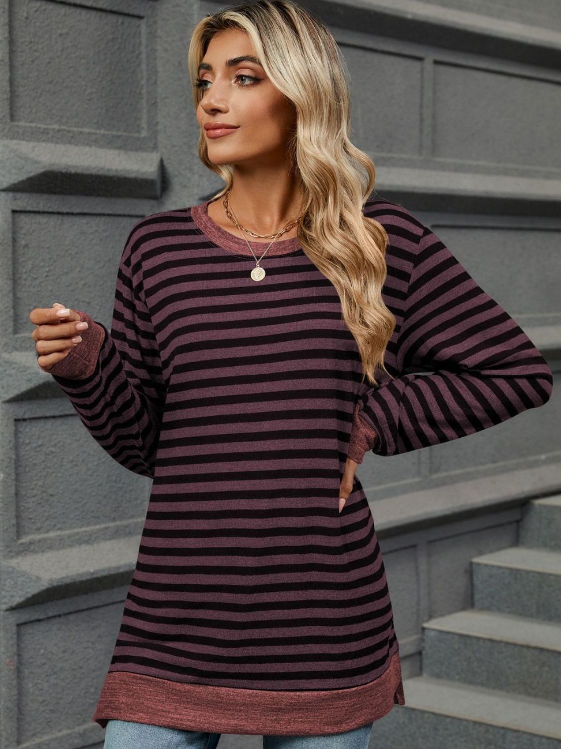 Buy plum Striped Round Neck Long Sleeve T-Shirt