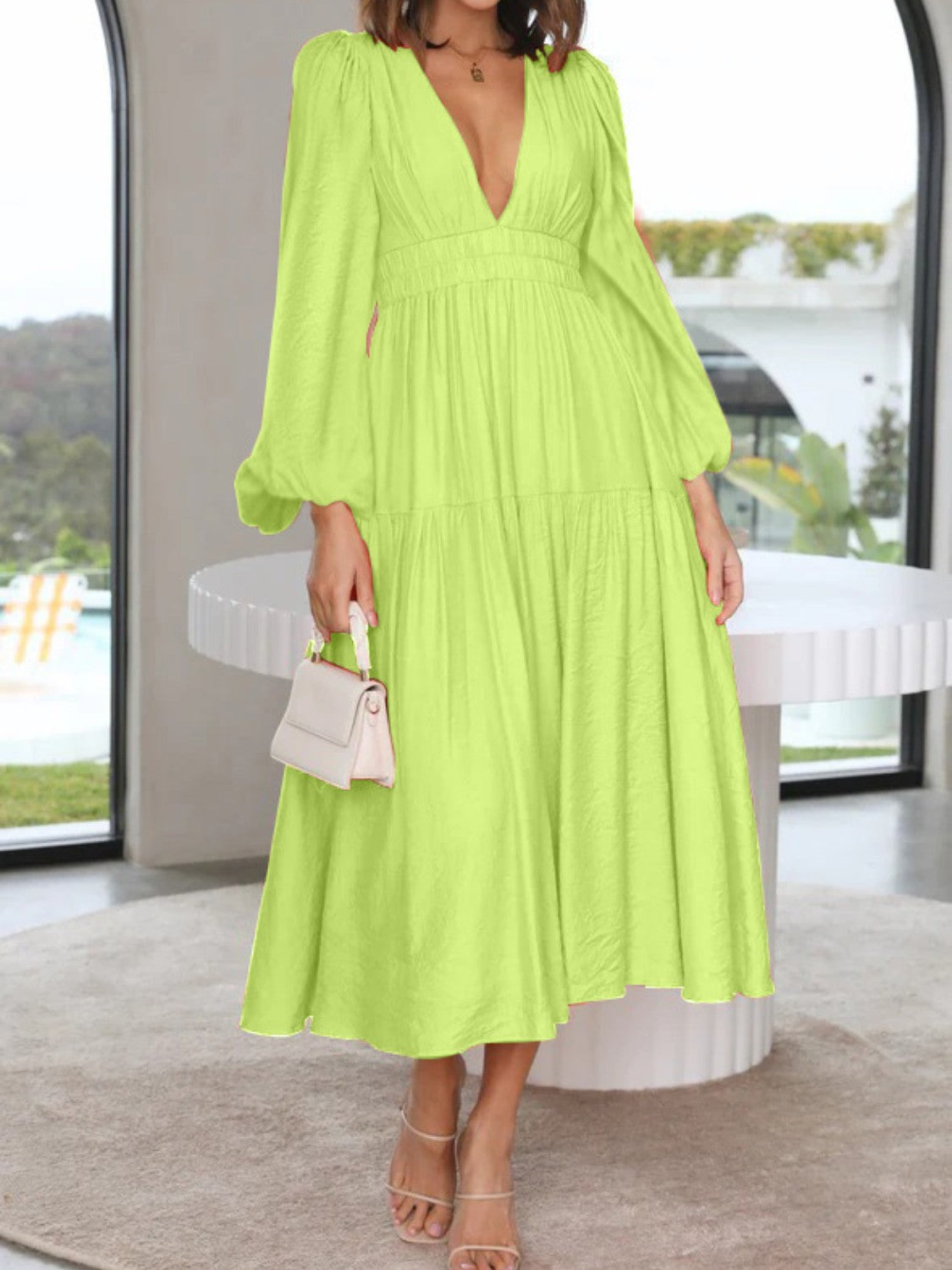 Buy mint-green Deep V-Neck Balloon Sleeve Plain Maxi Dress