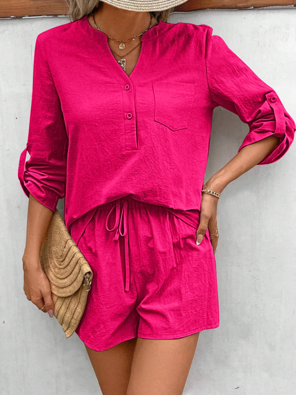 Buy hot-pink Notched Long Sleeve Top and Shorts Set