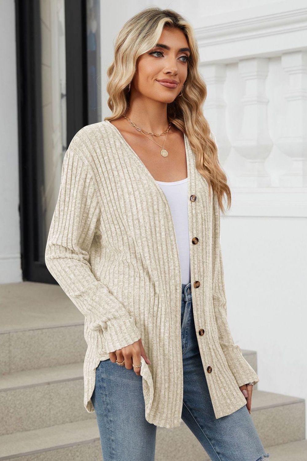 Buy tan Ribbed Button Up Long Sleeve Cardigan