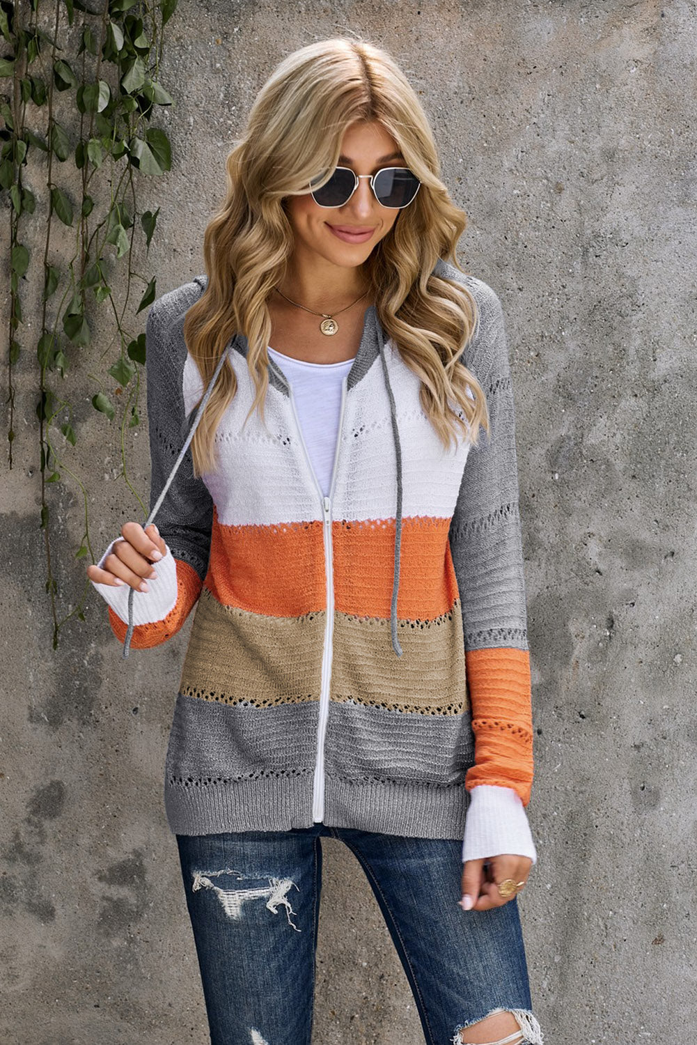 Buy orange-gray Zip-Up Raglan Sleeve Openwork Hooded Cardigan