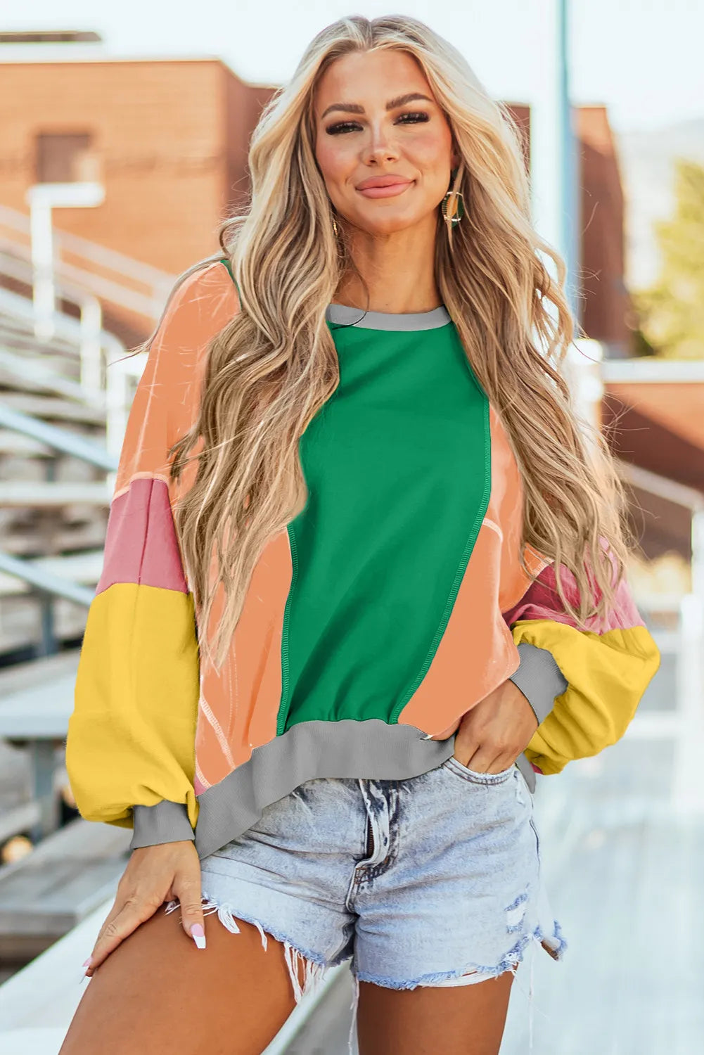 Buy dark-green Color Block Round Neck Long Sleeve Top