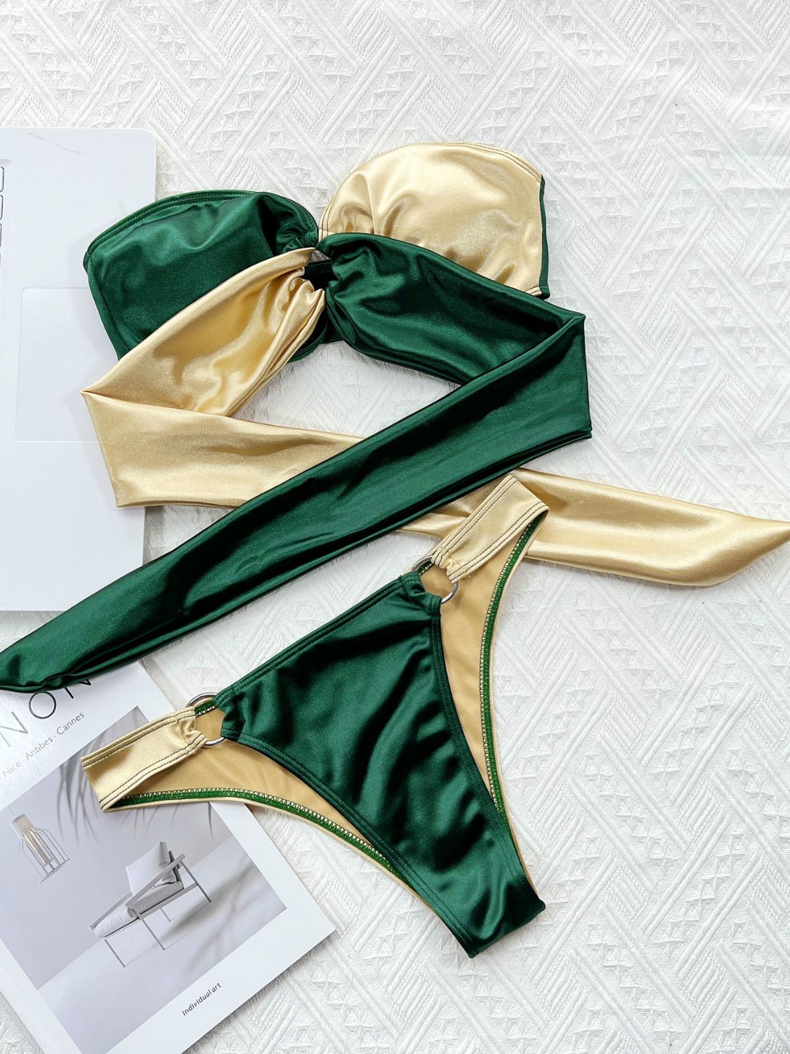 Buy forest Two-Tone Ring Detail Tied Bikini Set