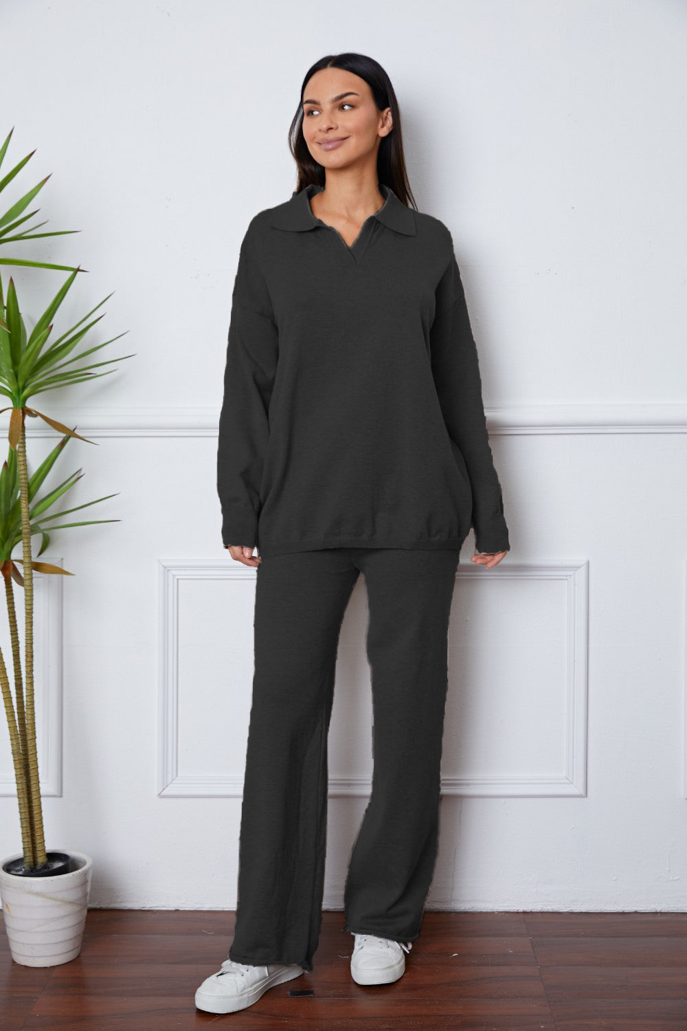 Buy black Dropped Shoulder Sweater and Long Pants Set