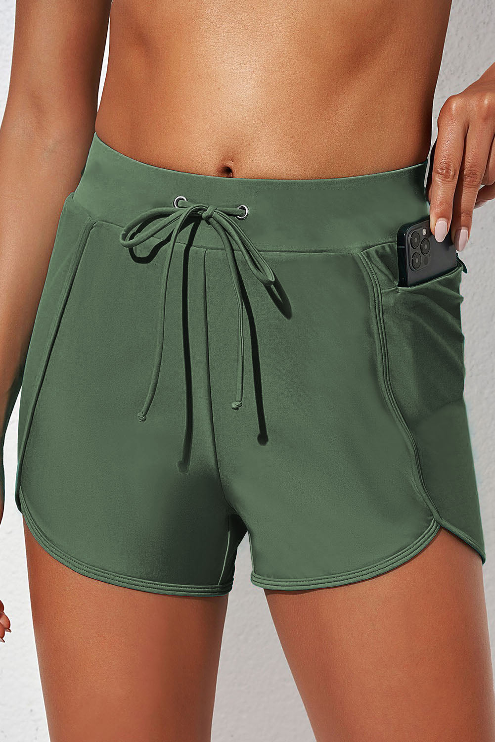 Buy army-green Drawstring Waist Swim Shorts