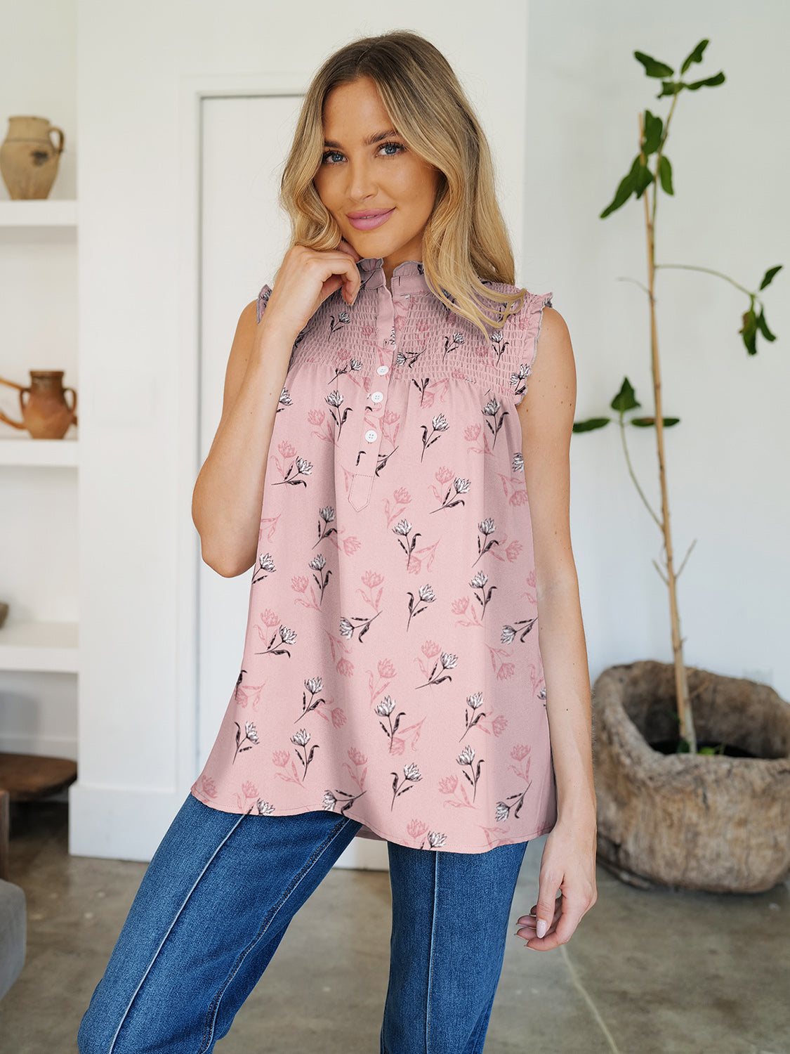 Buy dusty-pink FAM-FAM Frill Printed Mock Neck Top