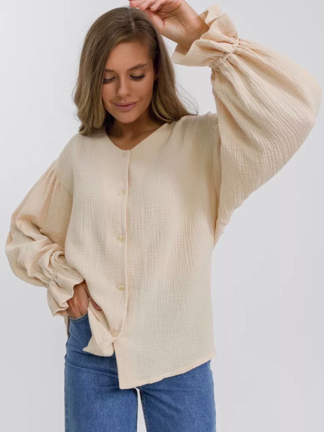 Buy tan Button Up Flounce Sleeve Shirt