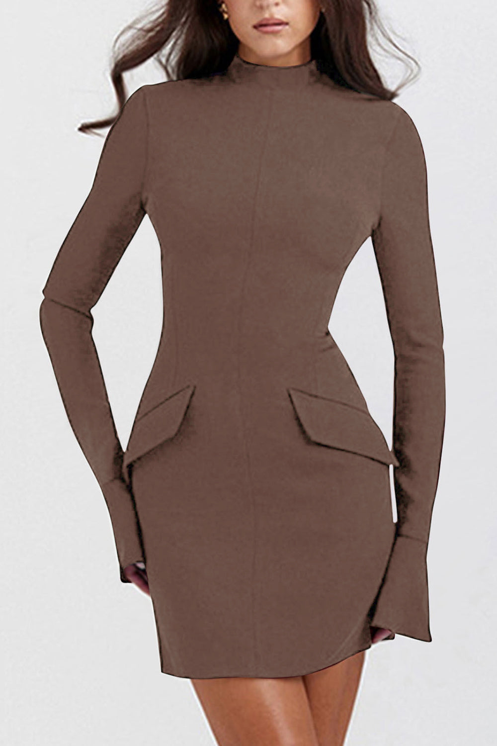 Buy mocha Mock Neck Long Sleeve Mini Dress