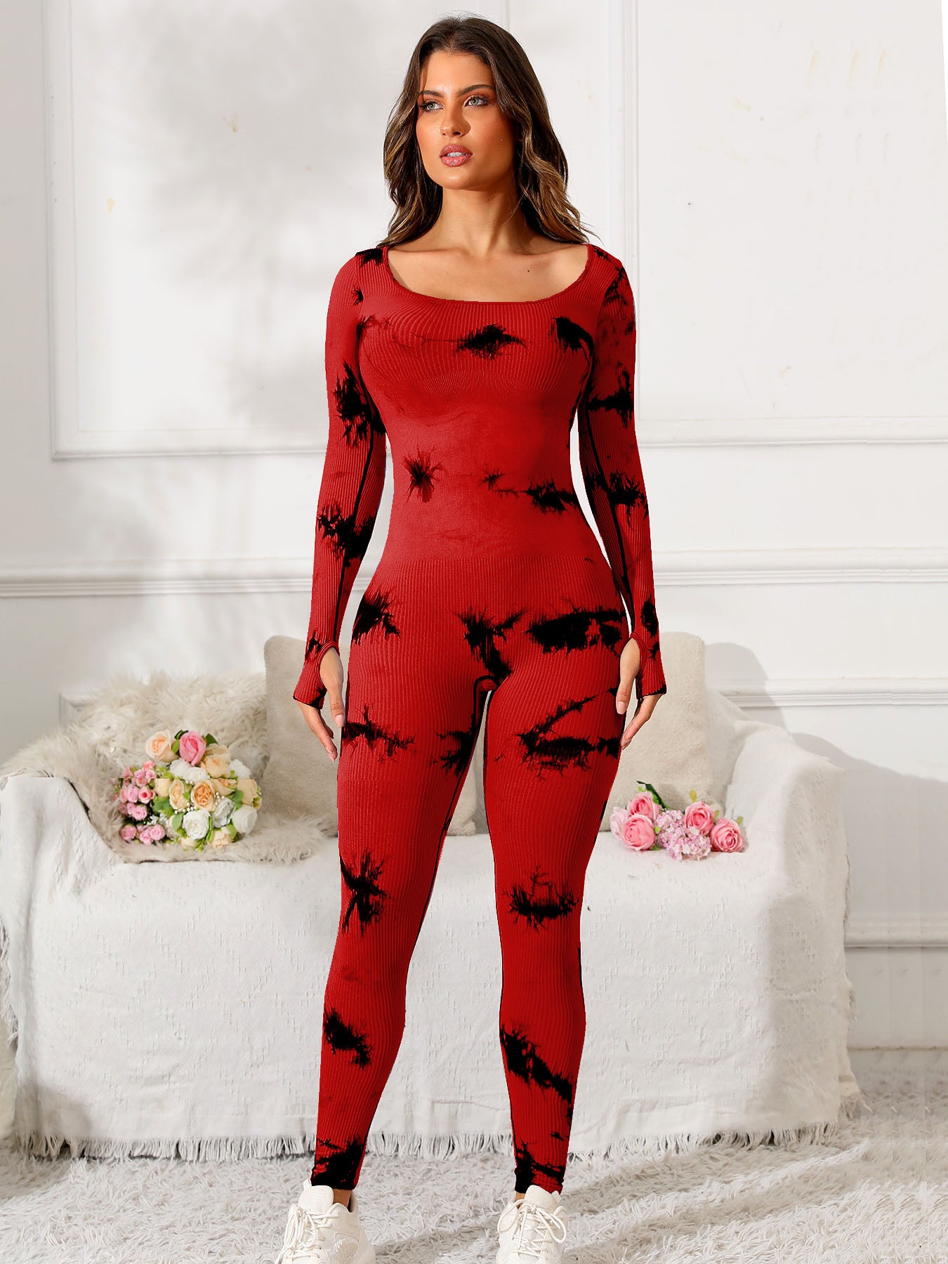 Buy deep-red Scoop Neck Long Sleeve Active Jumpsuit