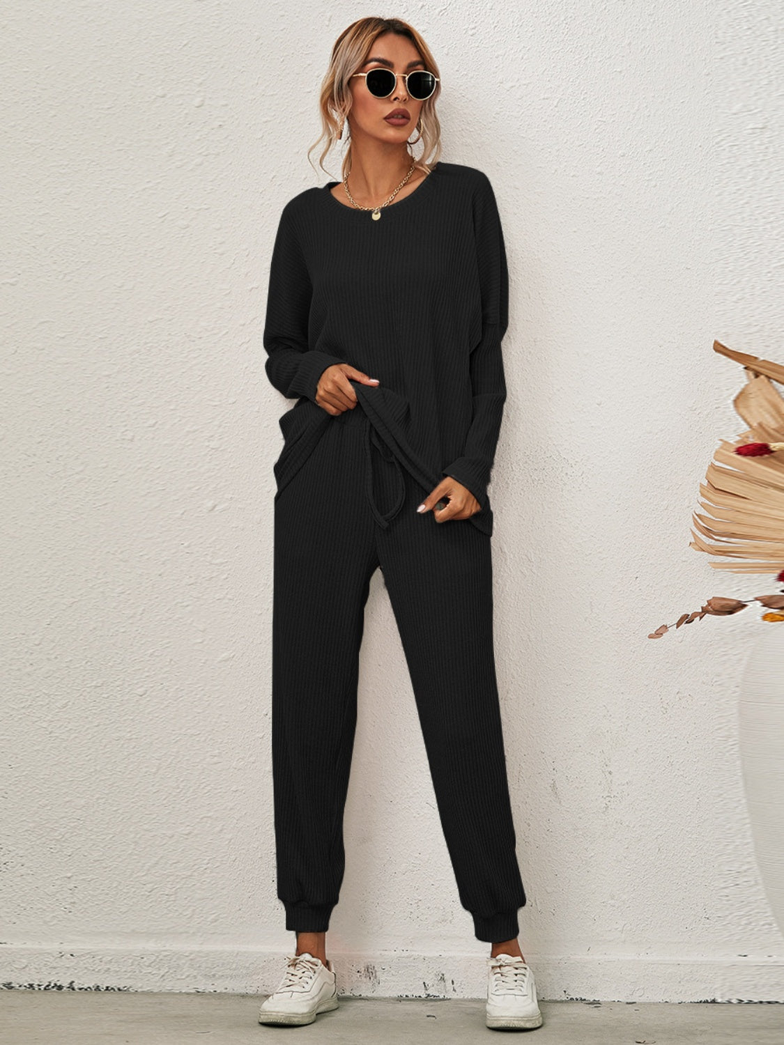 Buy black Full Size Round Neck Dropped Shoulder Top and Joggers Lounge Set