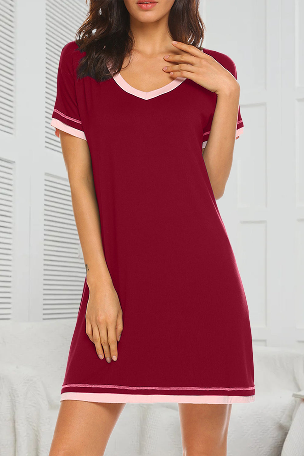 Buy burgundy Contrast Trim Short Sleeve Lounge Dress