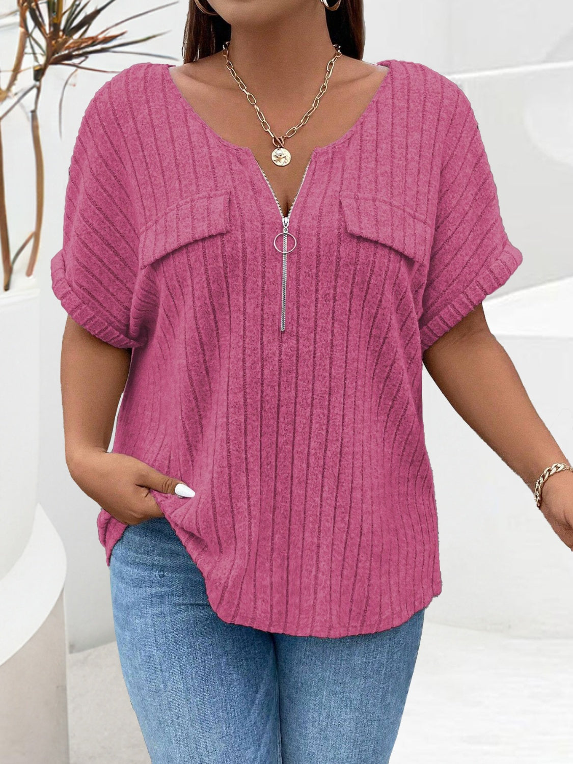 Buy cerise Plus Size Half Zip Short Sleeve T-Shirt